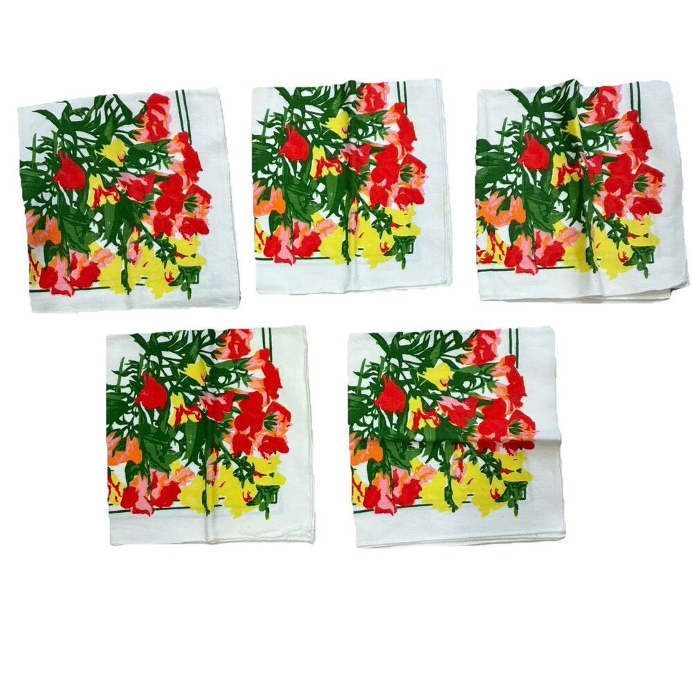 Vintage Vera Neumann Linen Napkins Set Of 5 Colorful Flowers 15.5x16